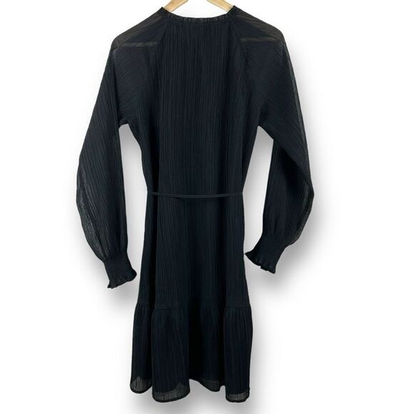 Loft Women's Size M Tall Long Sleeve Crepe Texture Dress Black Belted New - Picture 2 of 13